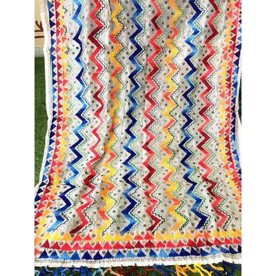 Cream Chanderi Phulkari Hand Embroidered Dupatta