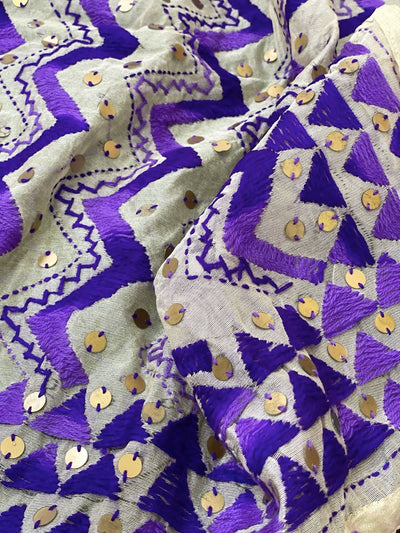 Cream Chanderi Phulkari Hand Embroidered Dupatta