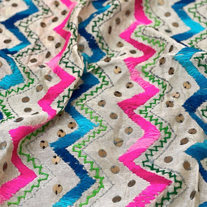 Cream Chanderi Phulkari Hand Embroidered Dupatta