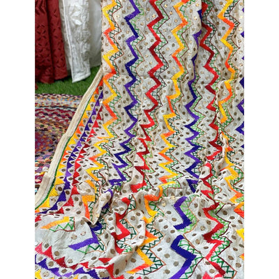 Cream Chanderi Phulkari Hand Embroidered Dupatta