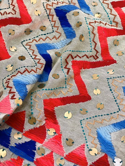 Cream Chanderi Phulkari Hand Embroidered Dupatta