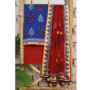 Blue Bandhani Cotton Unstitched Suit with Leheriya Dupatta - SSEthnics