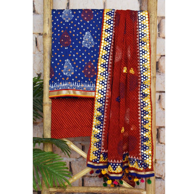 Blue Bandhani Cotton Unstitched Suit with Leheriya Dupatta - SSEthnics