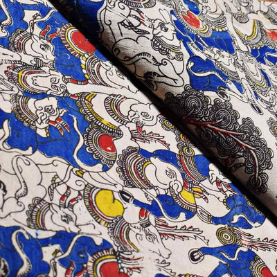Blue Kalamkari Inspired Screen Print Fabric - SSEthnics