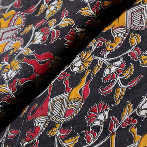 Black Screen Print Kalamkari Inspired Fabric - SSEthnics