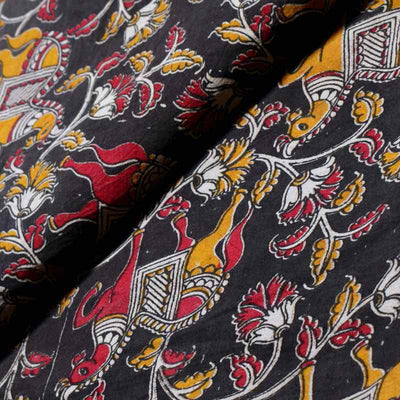 Black Screen Print Kalamkari Inspired Fabric - SSEthnics