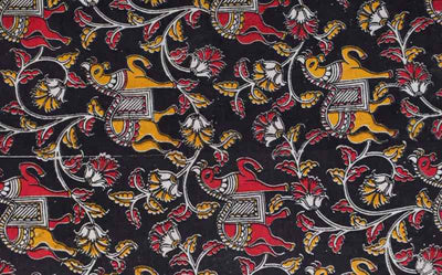 Black Screen Print Kalamkari Inspired Fabric - SSEthnics