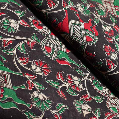 Black Kalamkari Inspired Screen Print Fabric - SSEthnics