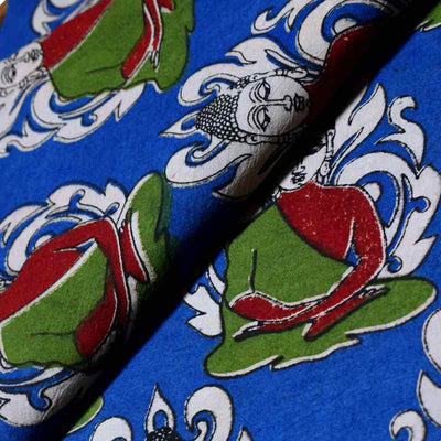 Blue Screen Print Kalamkari Inspired Fabric - SSEthnics