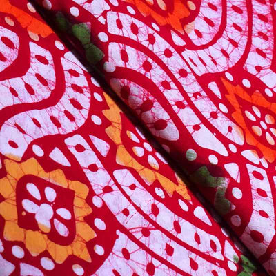 Red Hand Wax Batik Cotton Fabric - SSEthnics