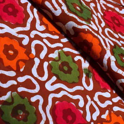 Brown Hand Wax Batik Cotton Fabric - SSEthnics