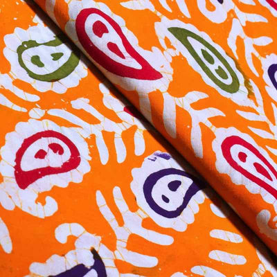 Orange Hand Wax Batik Cotton Fabric - SSEthnics