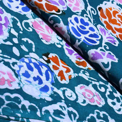 Blue Hand Wax Copper Block Batik Cotton Fabric - SSEthnics