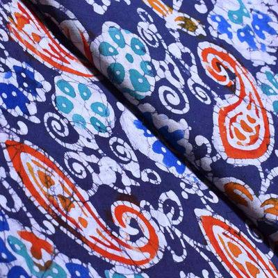 Blue Hand Wax Copper Block Batik Cotton Fabric - SSEthnics