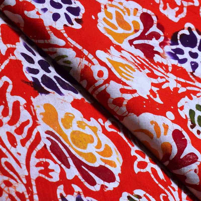Red Hand Wax Copper Block Batik Cotton Fabric - SSEthnics