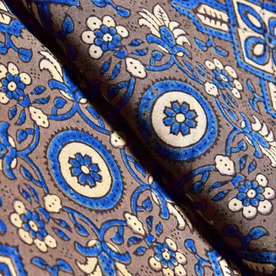 Grey Ajrakh Triple Block Rayon Fabric - SSEthnics