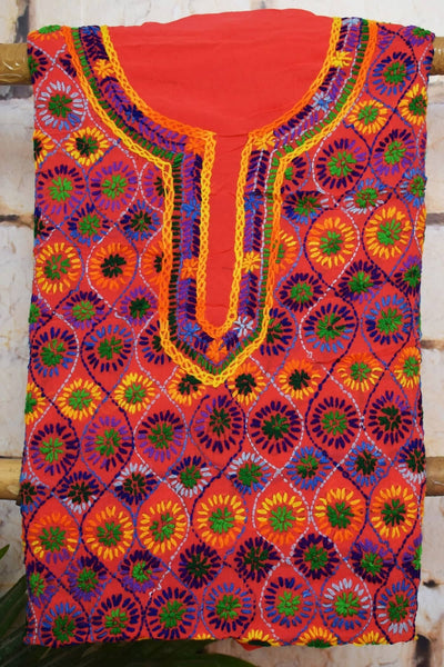 Red Phulkari Hand Embroidered Kurti Fabric - SSEthnics
