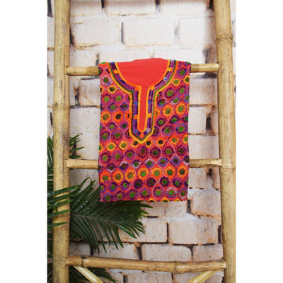 Red Phulkari Hand Embroidered Kurti Fabric - SSEthnics