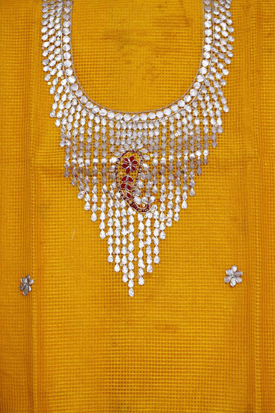 Yellow Gota Patti Hand Embroidered Kurti Fabric - SSEthnics