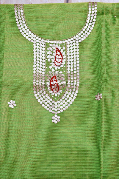 Green Gota Patti Hand Embroidered Kurti Fabric - SSEthnics