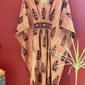 Jaipuri Brush Block Print Cotton Kaftan with Kutch Patch