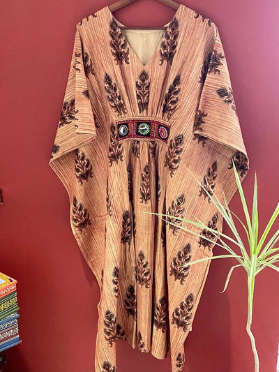 Jaipuri Brush Block Print Cotton Kaftan with Kutch Patch