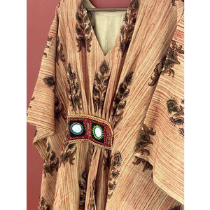 Jaipuri Brush Block Print Cotton Kaftan with Kutch Patch