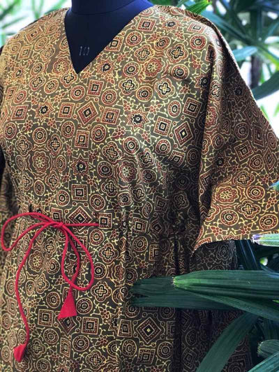 Olive Ajrakh Handblock Print Cotton Kaftan - SSEthnics