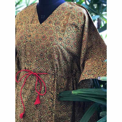 Olive Ajrakh Handblock Print Cotton Kaftan - SSEthnics