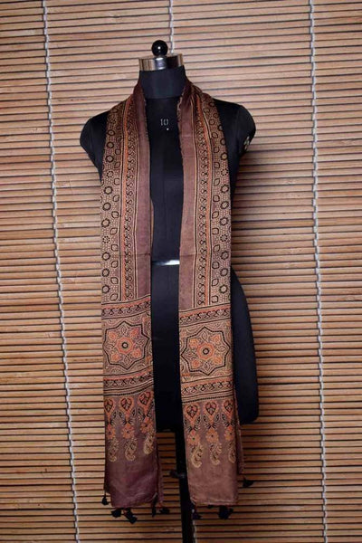 Brown Gajji Silk Ajrakh Stole - SSEthnics