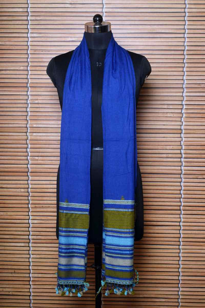 Blue Handloom Kala Cotton Bhujodi Stole - SSEthnics