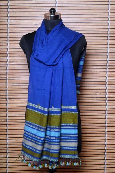Blue Handloom Kala Cotton Bhujodi Stole - SSEthnics