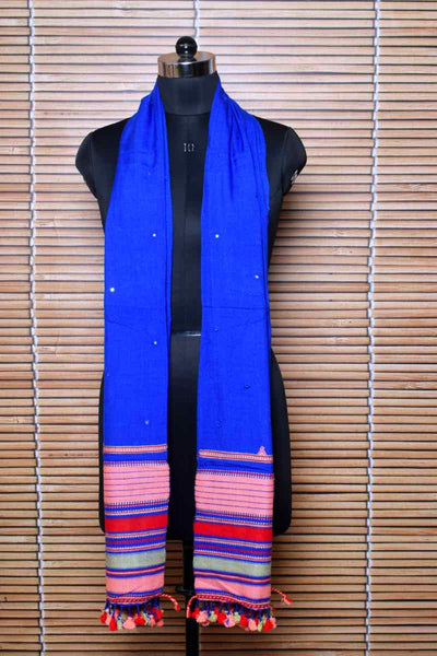 Blue Handloom Kala Cotton Bhujodi Stole with Mirror - SSEthnics
