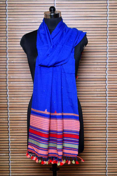 Blue Handloom Kala Cotton Bhujodi Stole with Mirror - SSEthnics