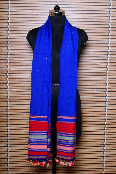 Blue Handloom Kala Cotton Bhujodi Stole with Mirror - SSEthnics