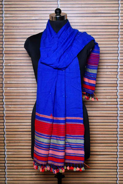Blue Handloom Kala Cotton Bhujodi Stole with Mirror - SSEthnics