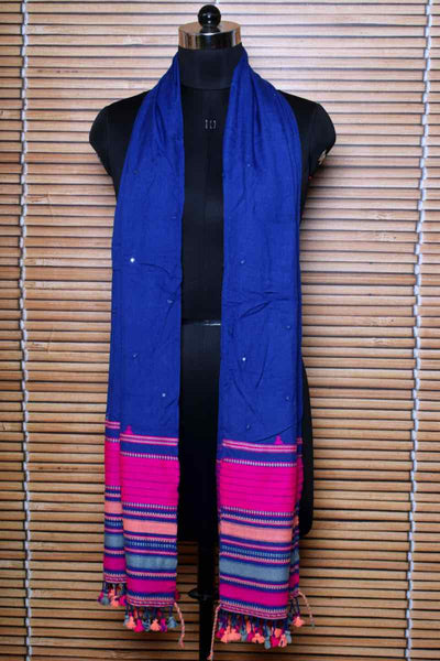 Blue Handloom Kala Cotton Bhujodi Stole with Mirror - SSEthnics