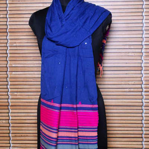 Blue Handloom Kala Cotton Bhujodi Stole with Mirror - SSEthnics