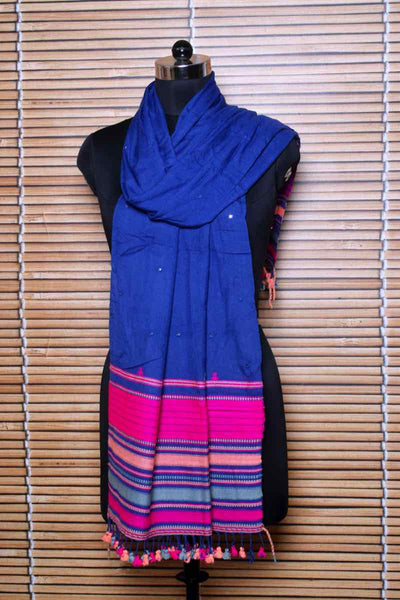 Blue Handloom Kala Cotton Bhujodi Stole with Mirror - SSEthnics