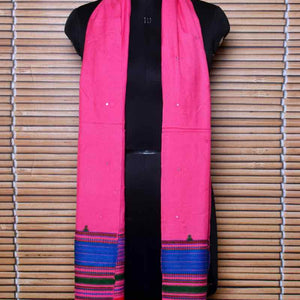 Pink Handloom Kala Cotton Bhujodi Stole with Mirror - SSEthnics