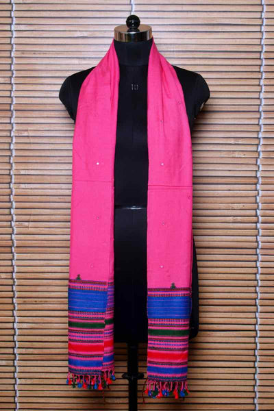 Pink Handloom Kala Cotton Bhujodi Stole with Mirror - SSEthnics
