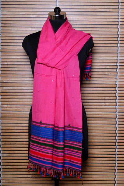 Pink Handloom Kala Cotton Bhujodi Stole with Mirror - SSEthnics
