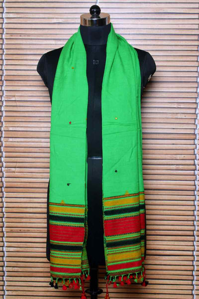 Green Handloom Kala Cotton Bhujodi Stole with Mirror - SSEthnics
