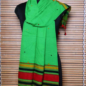 Green Handloom Kala Cotton Bhujodi Stole with Mirror - SSEthnics