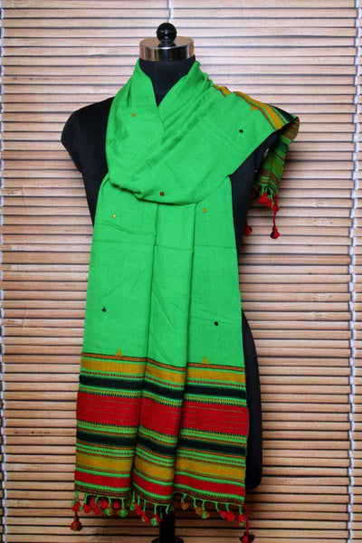 Green Handloom Kala Cotton Bhujodi Stole with Mirror - SSEthnics