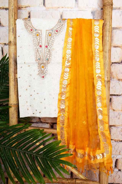 White Tepchi-Gota Patti Unstitched Suit - SSEthnics
