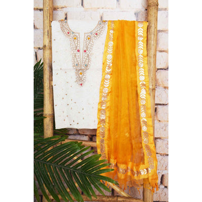 White Tepchi-Gota Patti Unstitched Suit - SSEthnics