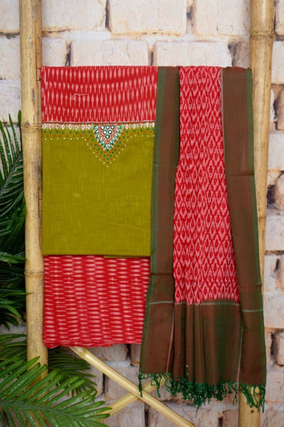 Green Ikat Customised Unstitched Suit - SSEthnics