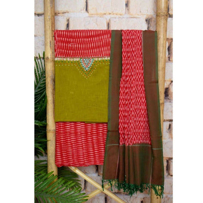 Green Ikat Customised Unstitched Suit - SSEthnics