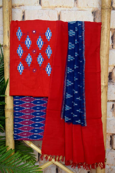 Red Ikat Customised Unstitched Suit - SSEthnics